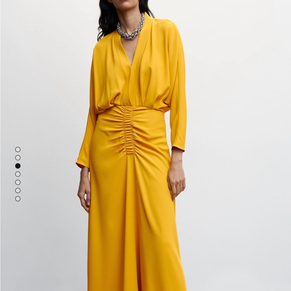 Mango Golden Mustard Midi Dress with V-Neck and Ruched Front